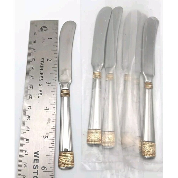 Gorham Festive Holly Gold Accent 6pc Spreader Knife Set 18/10 Stainless Flatware - Picture 3 of 3